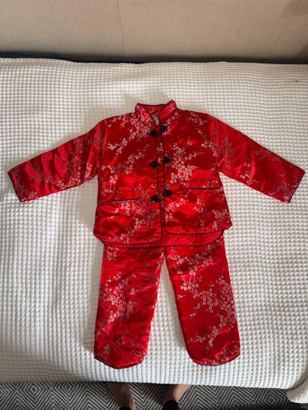 Vintage Chinese Silk Tang Suit Set Kids Size 6 Red Brocade Lunar New Year Outfit